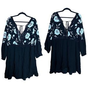 Clothing Obsessed Company Boho Floral Cutout Long Sleeve Low Cut Mini Dress 2X